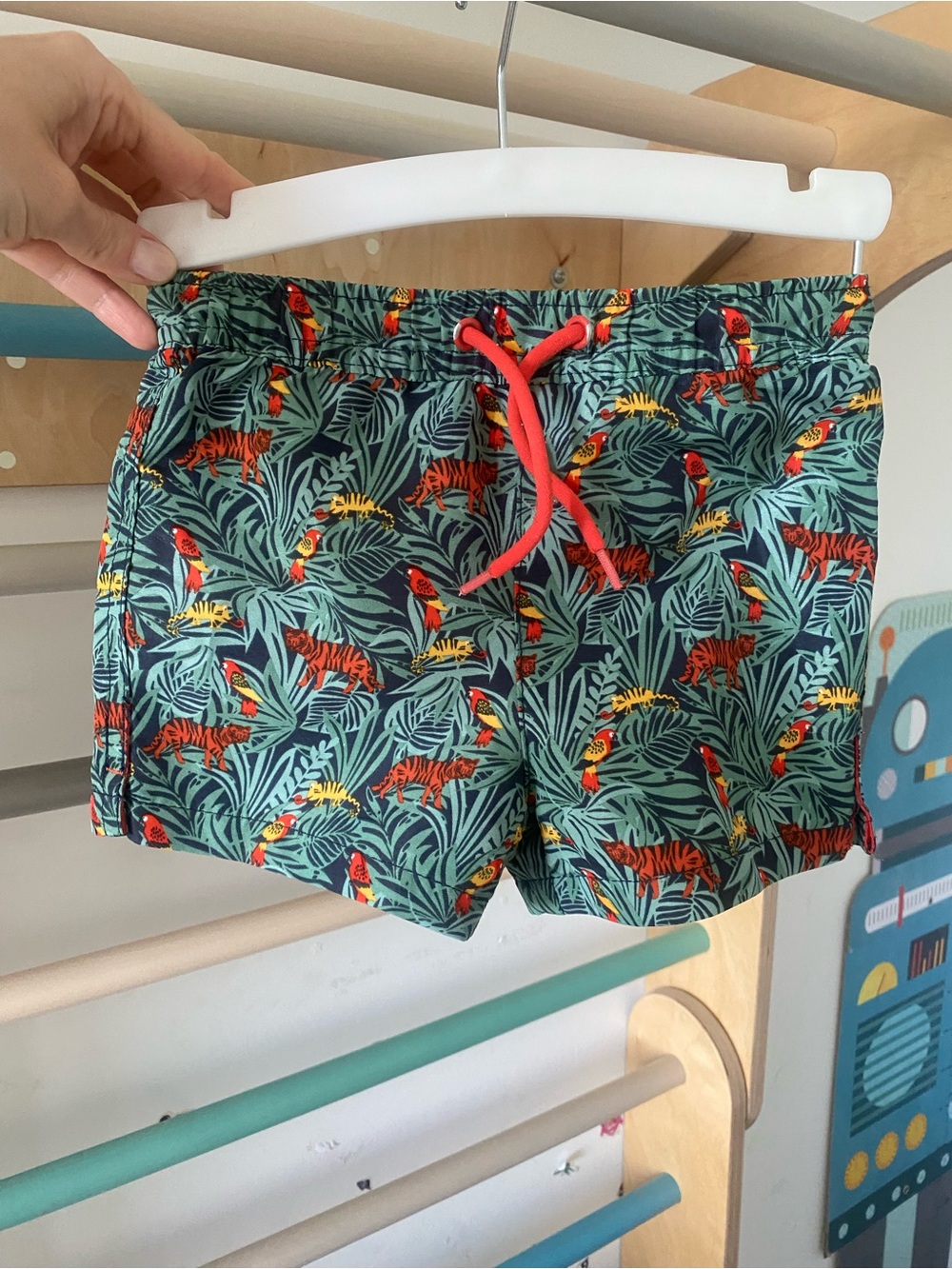 Zara Green Tropical Tiger & Parrot Swim Trunks with Coral Drawstring